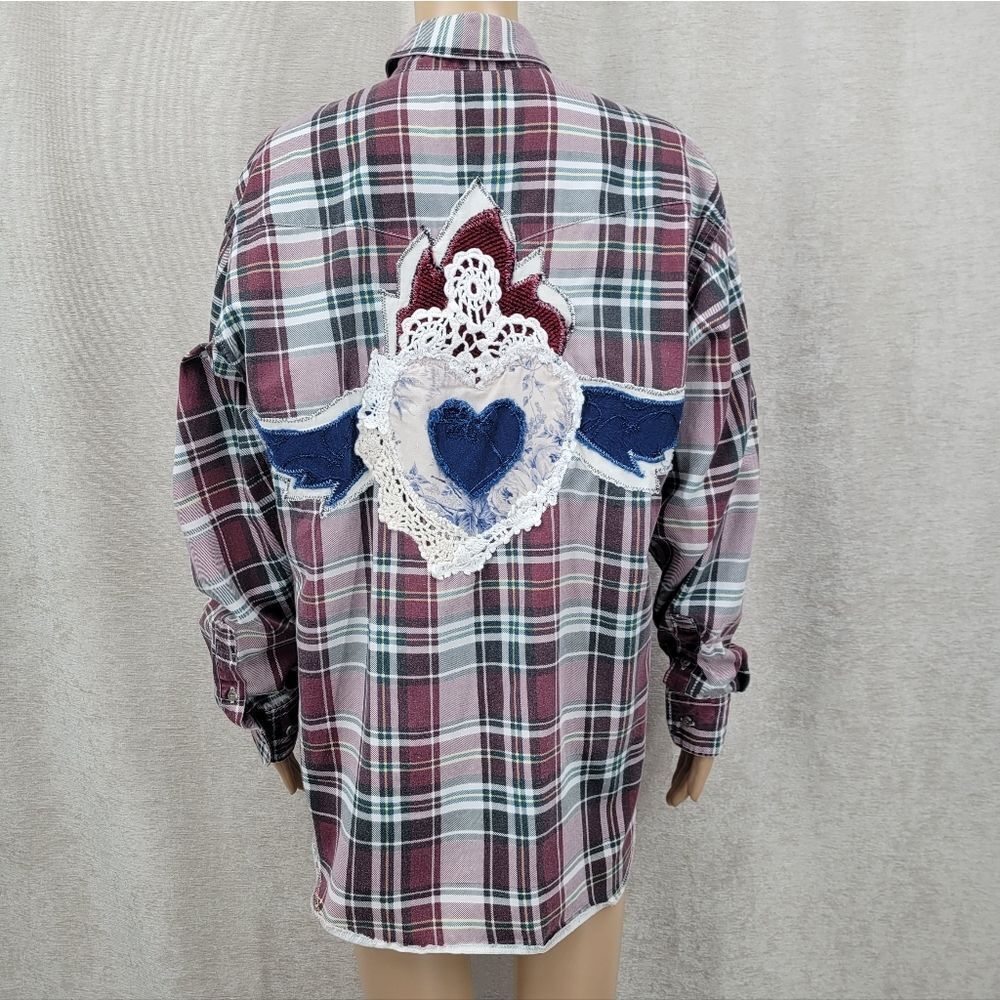 Upcycled Vintage Wrangler Plaid Shirt with Heart and Wings Design Lace Doiley